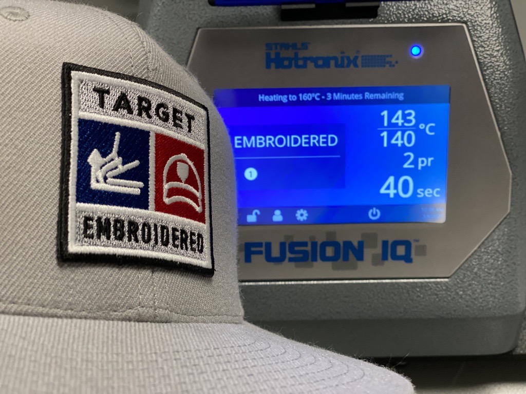 embroidered patch on hotronix 360 IQ hat press